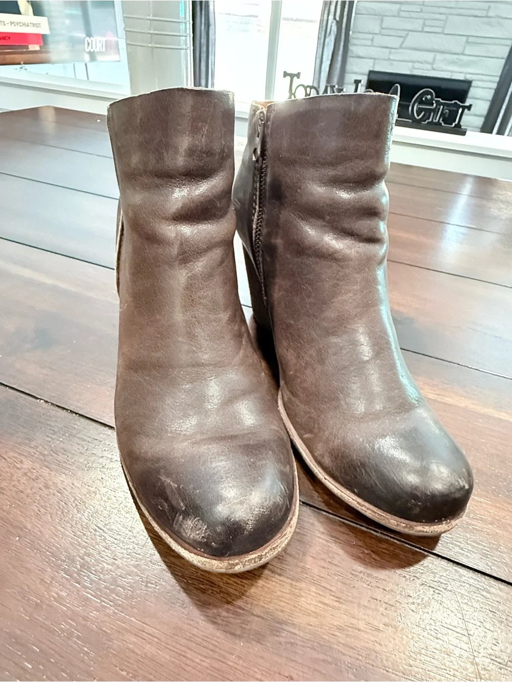 Kork-Ease Isa Brown Leather Buckle Zipper Moto Ankle Boots Booties, 7.5
